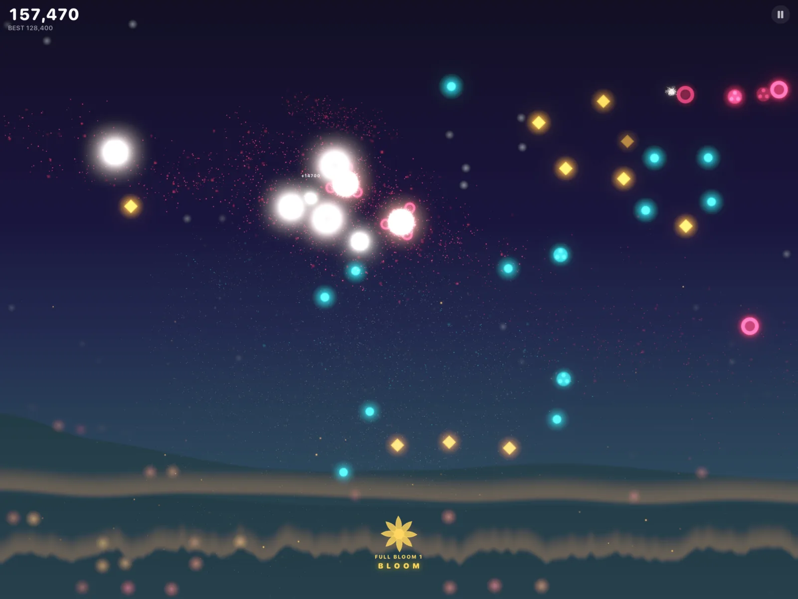 Full Bloom multiplier active, white and pink bursts over the hills