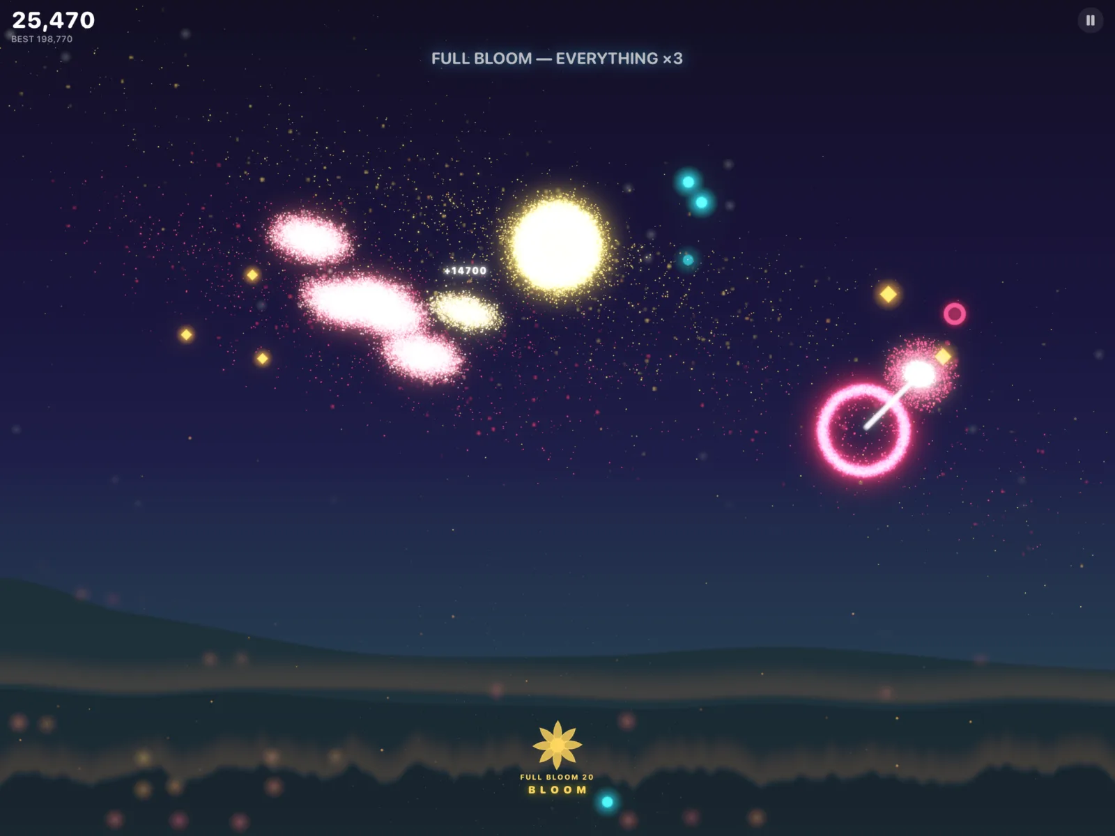 Pink ring firework and gold bursts during Full Bloom 20