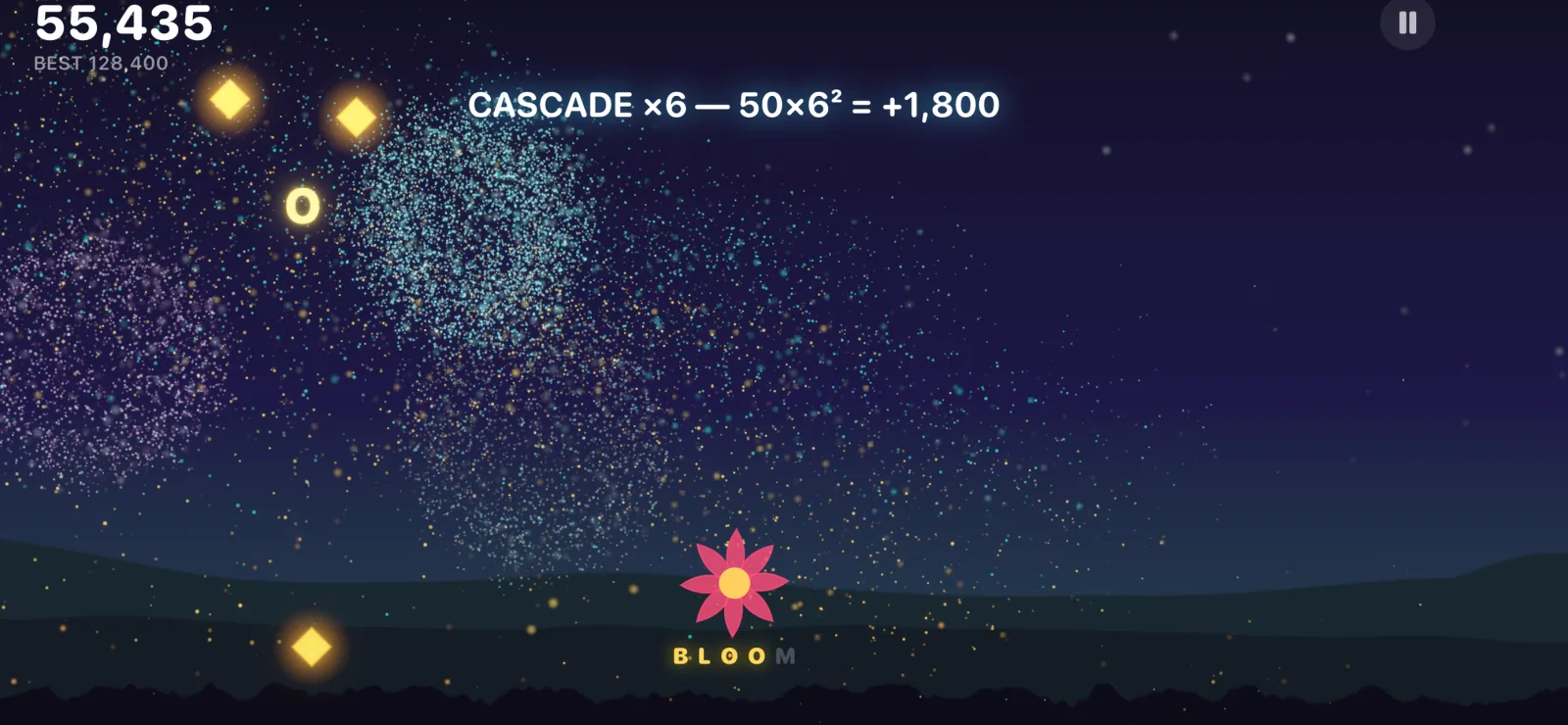 A six-chain cascade scoring 1,800 points, teal and gold sparks filling the sky